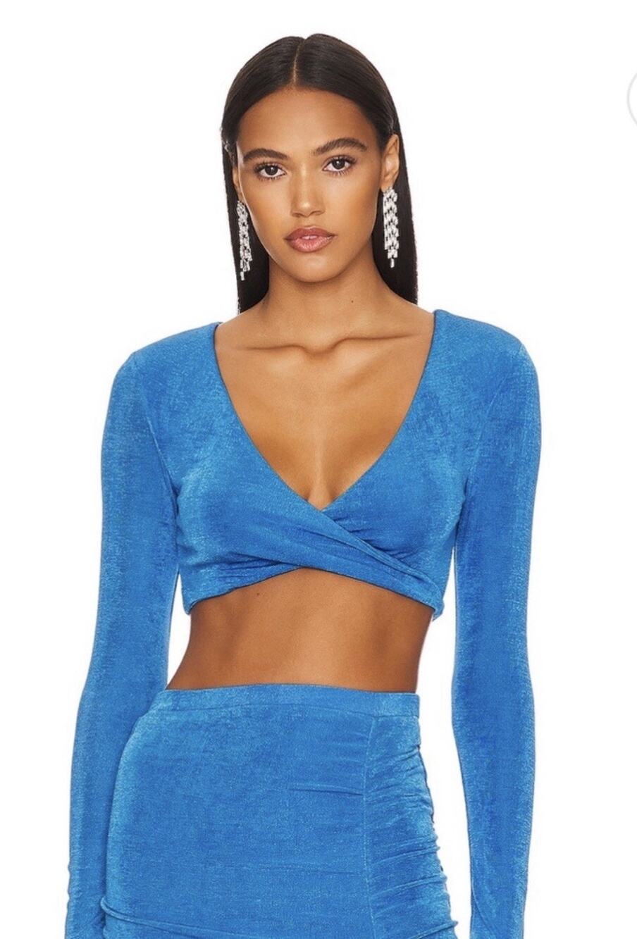 NWT Remi x Revolve Niki Twist Front Stretch Crop Top •L• Blue Blouse Bader $110